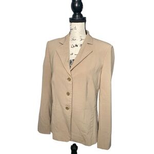 Talbots tan blazer jacket size 8 wool blend lined 3 button made in Japan stretch